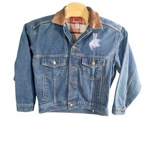 Vtg Marlboro Country Denim Jacket Womens Small‎ Butterfly Patches Leather Collar